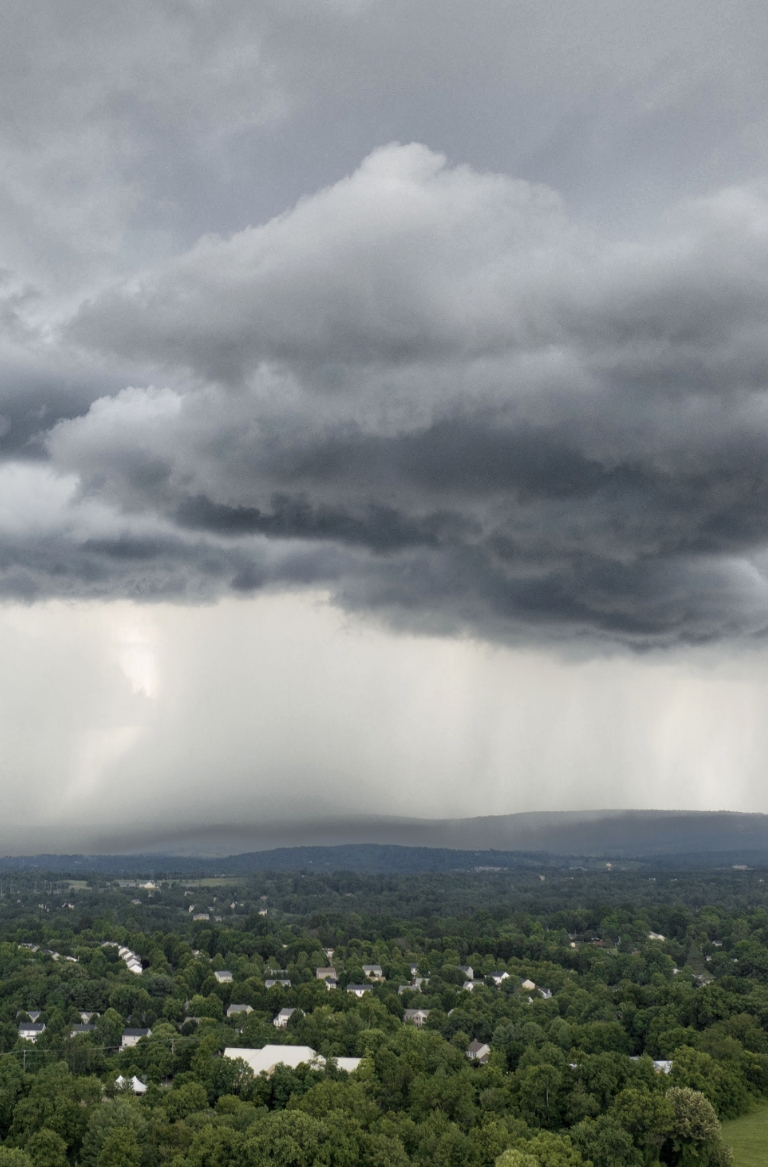 Thunderstorm over a forested residential area